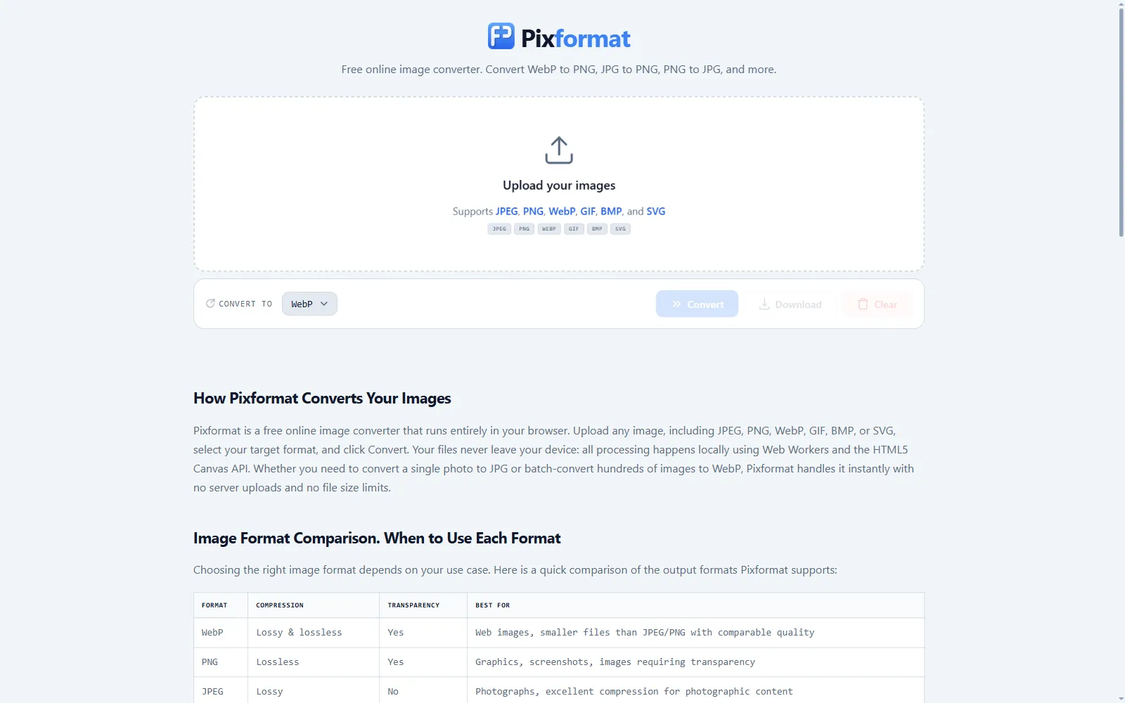 Portada de PixFormat, conversor de imágenes online gratuito